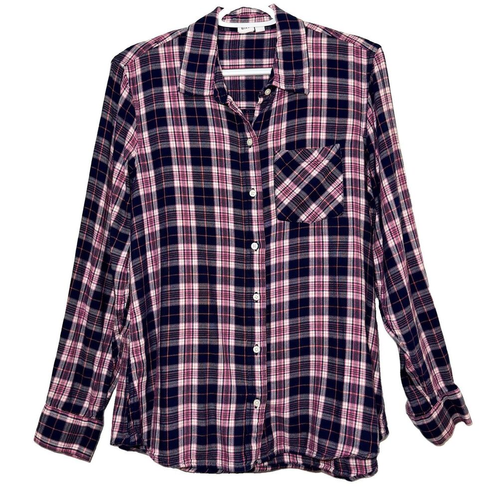 GAP Women’s Large Drapey Plaid Button Down Shirt Navy Pink Cotton Blend